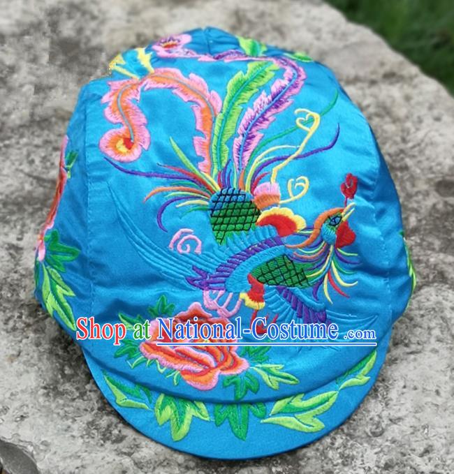 Chinese Traditional Embroidered Phoenix Peony Yunnan Dai Minority Blue Cap for Women