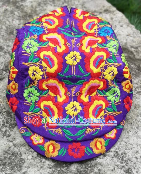 Chinese Traditional Embroidered Yunnan Dai Minority Purple Cap for Women