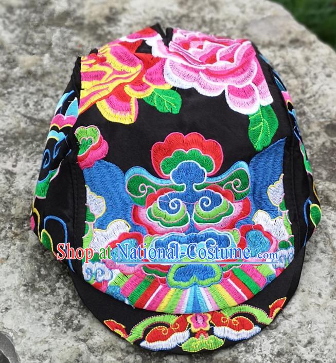 Chinese Traditional Embroidered Yunnan Dai Minority Black Cap for Women