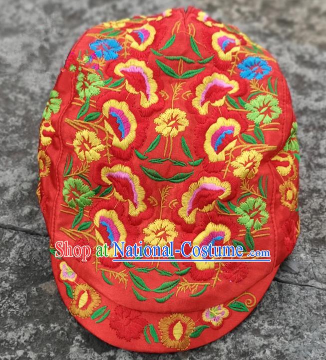 Chinese Traditional Embroidered Yunnan Dai Minority Red Cap for Women