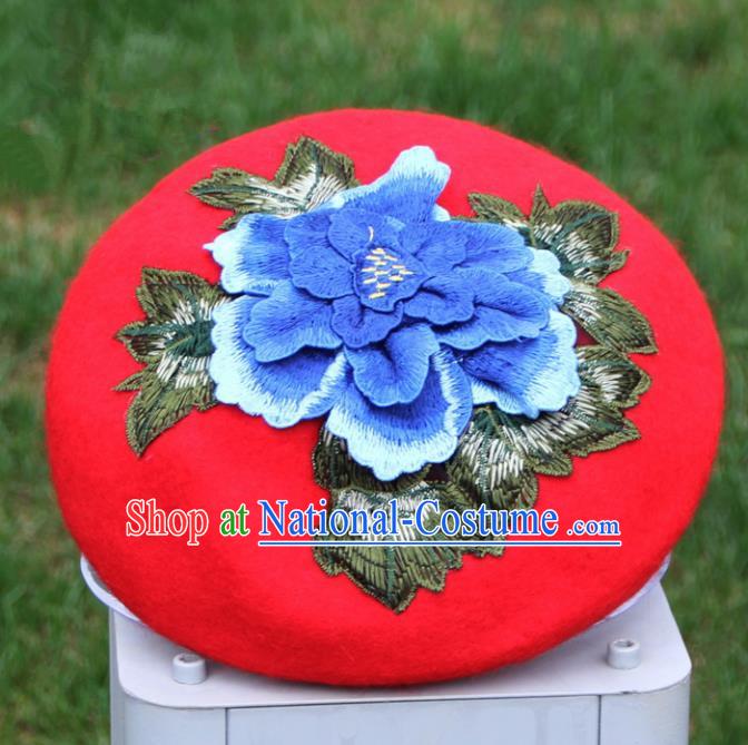 Chinese Traditional Embroidered Peony Yunnan Dai Minority Red Top Hat for Women