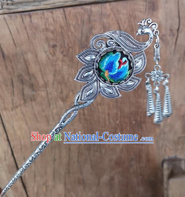 Chinese Traditional Ethnic Hair Accessories Ancient Blue Embroidered Peacock Hairpins for Women