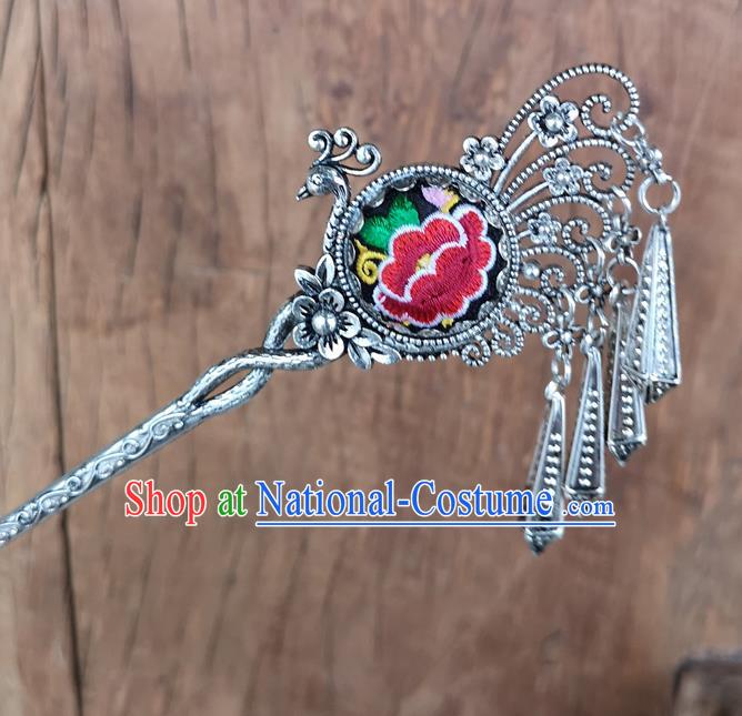 Chinese Traditional Ethnic Hair Accessories Ancient Embroidered Red Peony Peacock Hairpins for Women