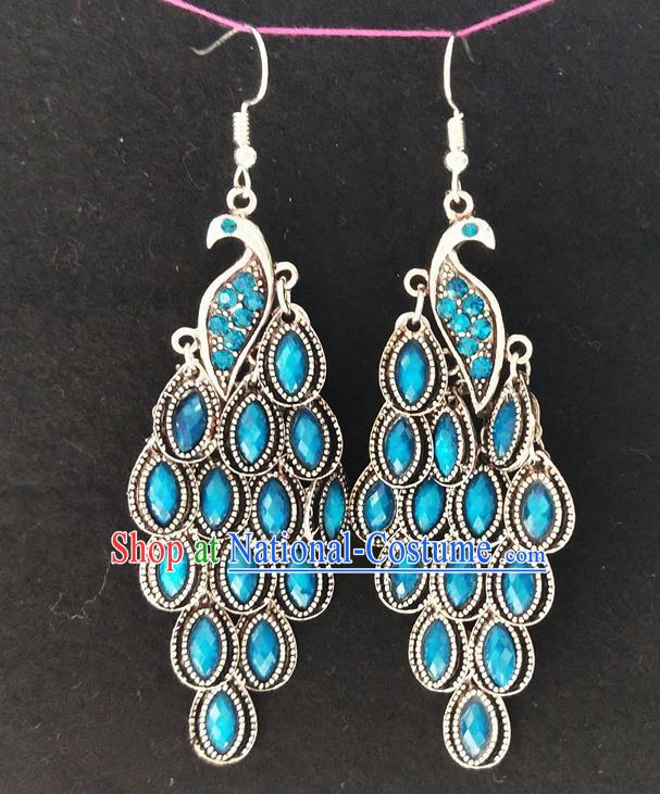 Chinese Traditional Ethnic Earrings Yunnan National Blue Crystal Peacock Ear Accessories for Women