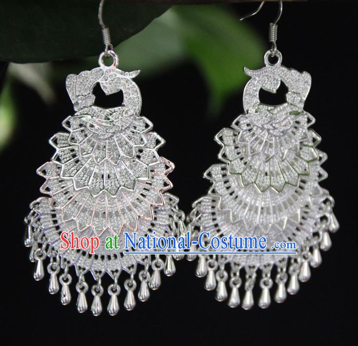 Chinese Traditional Ethnic Argent Peacock Earrings Yunnan National Ear Accessories for Women