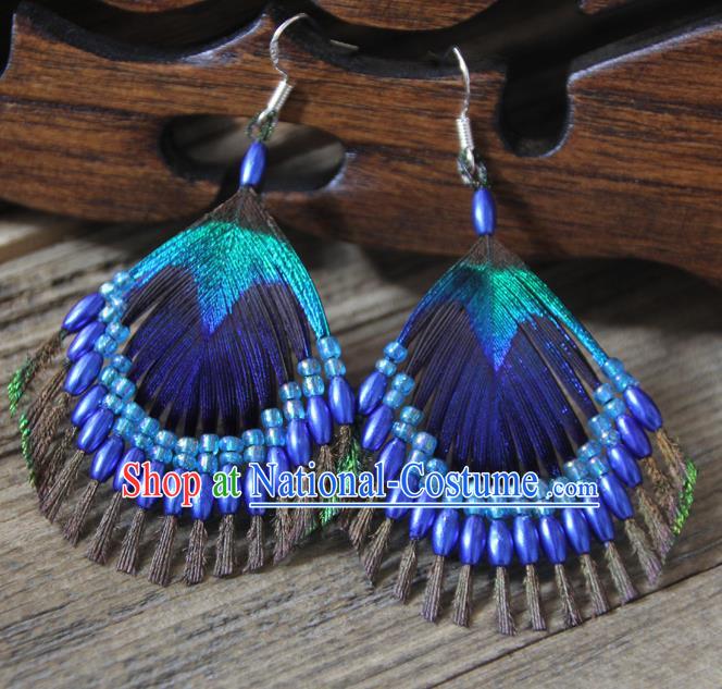 Chinese Traditional Ethnic Royalblue Beads Feather Earrings National Ear Accessories for Women