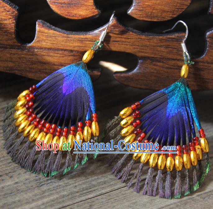 Chinese Traditional Ethnic Golden Beads Feather Earrings National Ear Accessories for Women