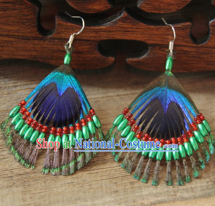 Chinese Traditional Ethnic Green Beads Feather Earrings National Ear Accessories for Women