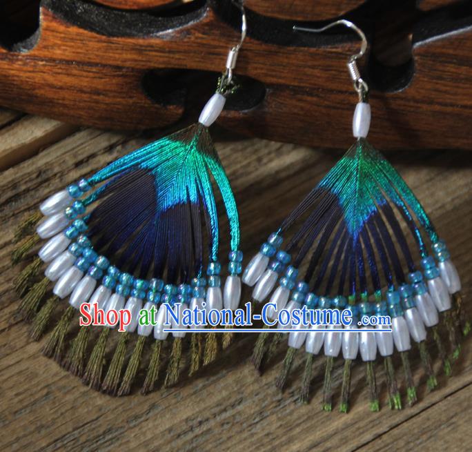 Chinese Traditional Ethnic White Beads Feather Earrings National Ear Accessories for Women