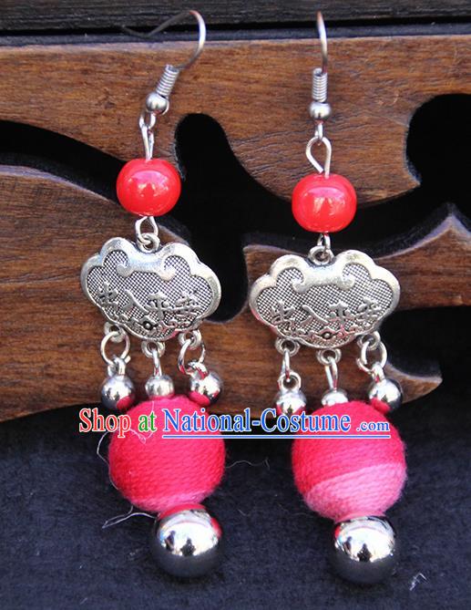 Chinese Traditional Ethnic Red Venonat Longevity Lock Earrings National Ear Accessories for Women