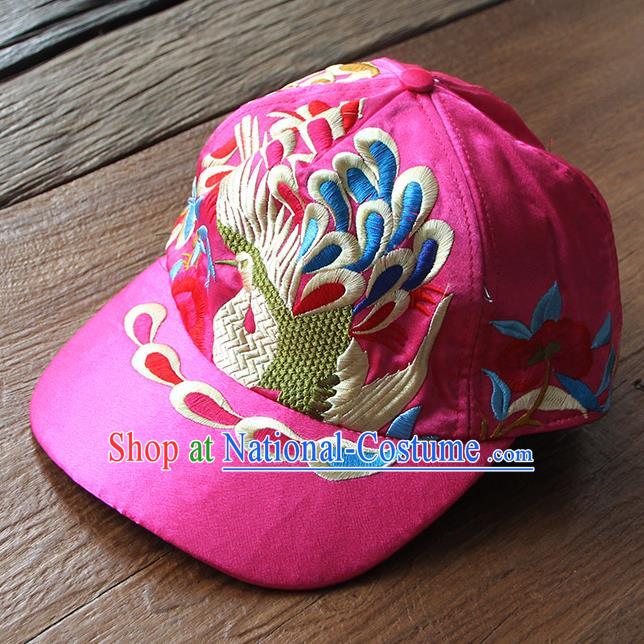 Chinese Traditional Embroidered Peacock Rosy Baseball Cap Yunnan Minority Hat for Women