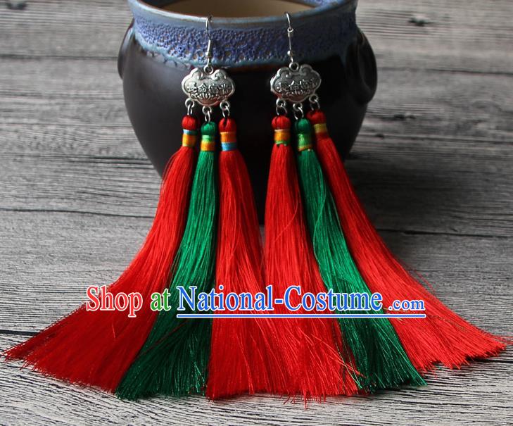 Chinese Traditional Ethnic Green and Red Tassel Earrings National Longevity Lock Ear Accessories for Women