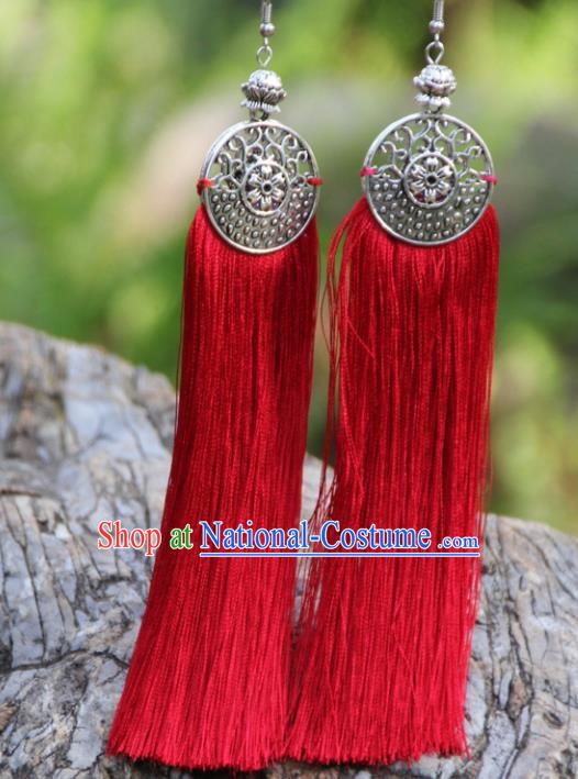 Chinese Traditional Ethnic Bride Earrings National Red Tassel Ear Accessories for Women