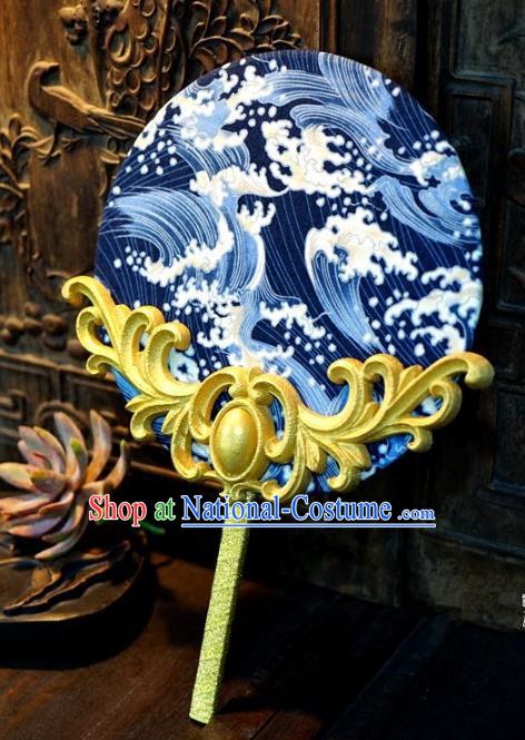 Chinese Handmade Classical Stage Performance Blue Fans Ancient Palace Lady Blue and White Porcelain Round Fans for Women