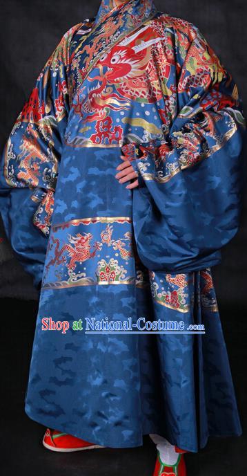 Ancient Chinese Ming Dynasty Palace Emperor Embroidered Costume Blue Robe for Men