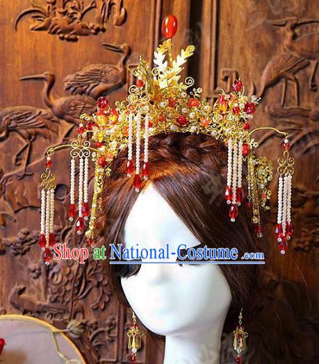 Chinese Handmade Classical Hair Accessories Ancient Red Tassel Phoenix Coronet Hairpins Complete Set for Women