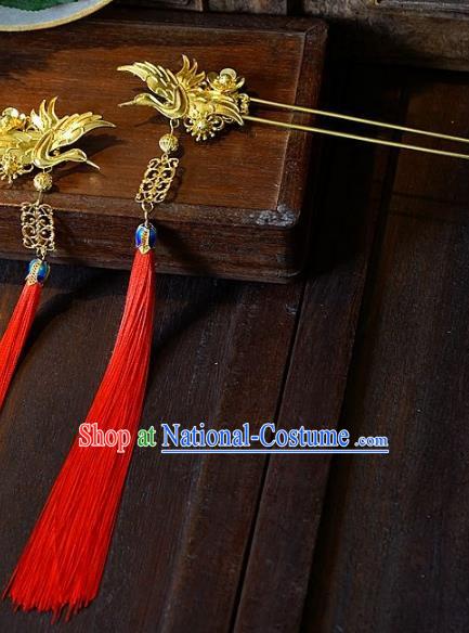 Chinese Handmade Classical Hair Accessories Ancient Red Tassel Crane Hairpins Hair Clip for Women