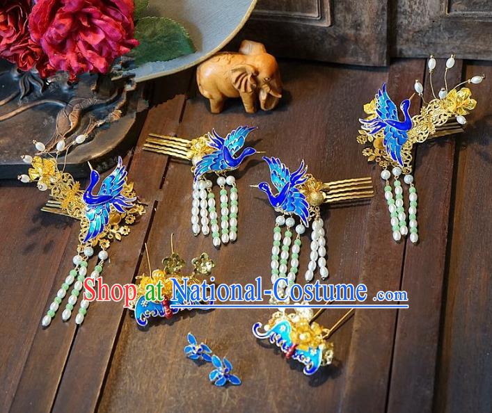 Chinese Handmade Classical Hair Accessories Ancient Blueing Crane Hairpins Hair Clip for Women