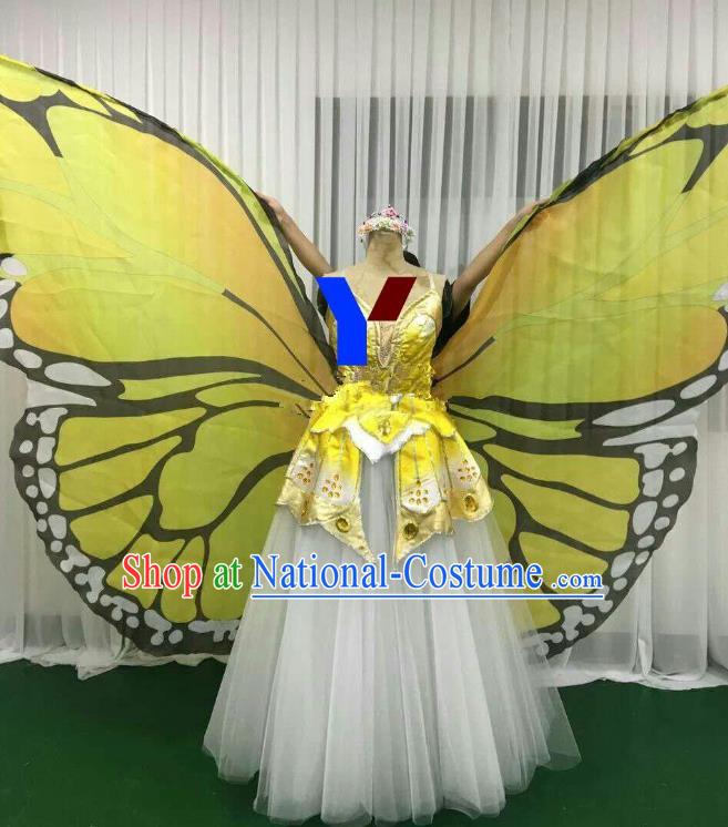 Professional Modern Dance Stage Performance Dress Halloween Costume and Yellow Butterfly Wings for Women