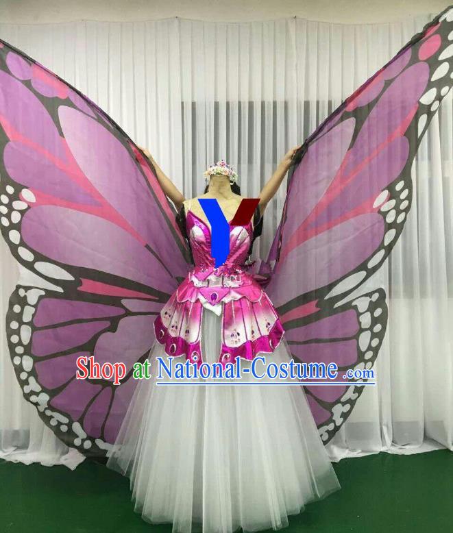 Professional Modern Dance Stage Performance Dress Halloween Costume and Lilac Butterfly Wings for Women