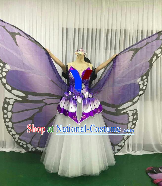 Professional Modern Dance Stage Performance Dress Halloween Costume and Purple Butterfly Wings for Women