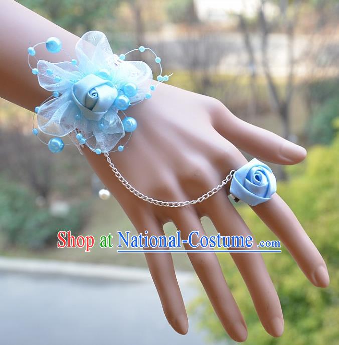 European Western Bride Vintage Jewelry Accessories Renaissance Blue Flower Bracelet with Ring for Women