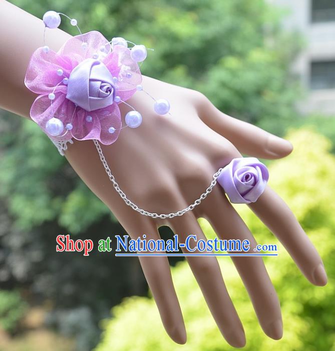 European Western Bride Vintage Jewelry Accessories Renaissance Purple Flower Bracelet with Ring for Women