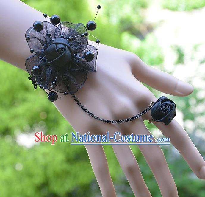 European Western Bride Vintage Jewelry Accessories Renaissance Black Flower Bracelet with Ring for Women