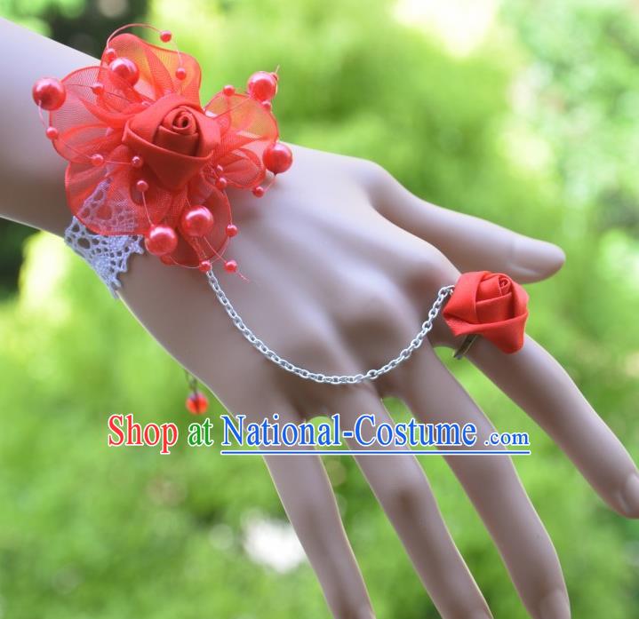 European Western Bride Vintage Jewelry Accessories Renaissance Red Flower Bracelet with Ring for Women