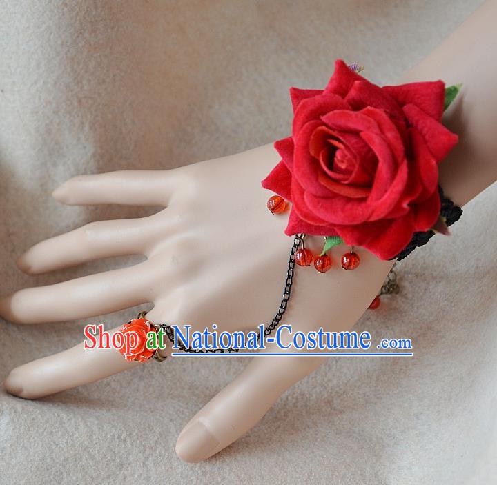 European Western Bride Vintage Jewelry Accessories Renaissance Red Rose Bracelet with Ring for Women