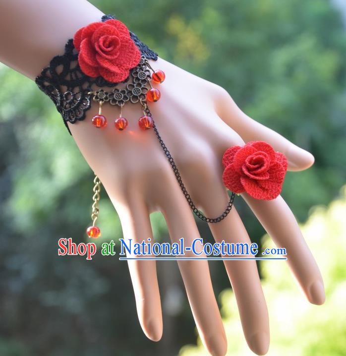 European Western Bride Vintage Jewelry Accessories Renaissance Black Lace Flower Bracelet with Ring for Women