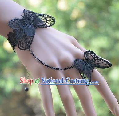 European Western Bride Vintage Jewelry Accessories Renaissance Black Lace Butterfly Bracelet with Ring for Women