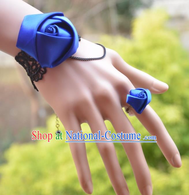 European Western Bride Vintage Jewelry Accessories Renaissance Blue Satin Bracelet and Ring for Women