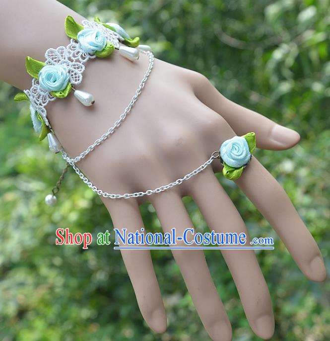 European Western Bride Vintage Jewelry Accessories Renaissance Blue Flowers Pearl Bracelet with Ring for Women