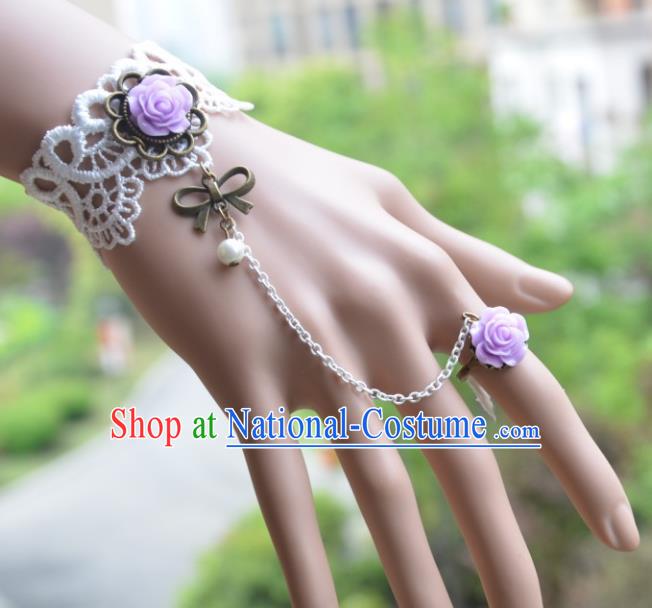 European Western Bride Vintage Jewelry Accessories Renaissance Purple Rose Bracelet with Ring for Women