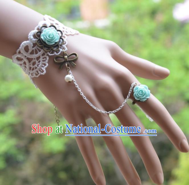 European Western Bride Vintage Jewelry Accessories Renaissance Green Rose Bracelet with Ring for Women