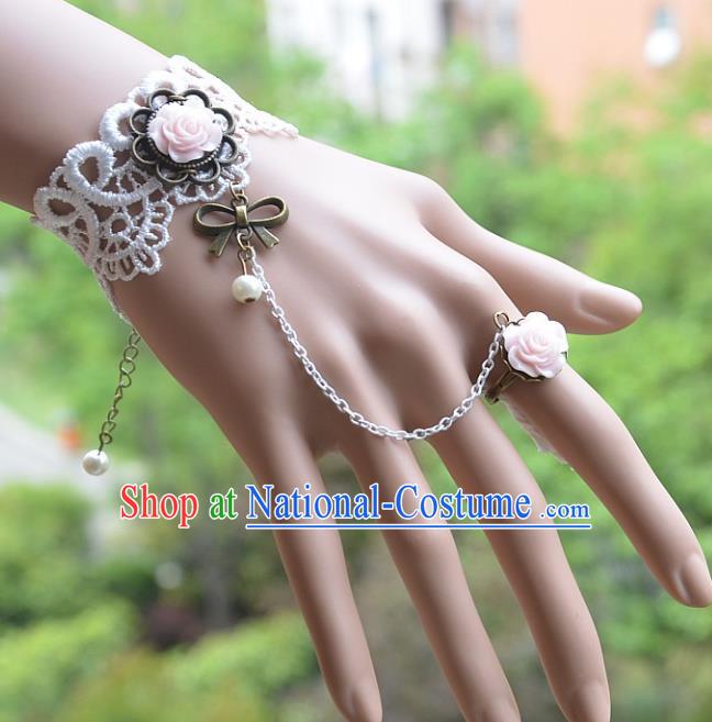 European Western Bride Vintage Jewelry Accessories Renaissance Pink Rose Bracelet with Ring for Women