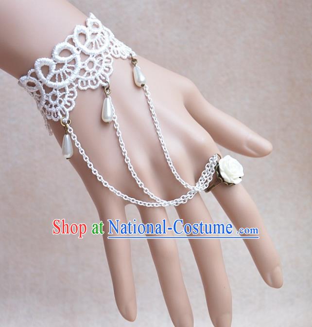 European Western Bride Vintage Jewelry Accessories Renaissance White Lace Bracelet with Ring for Women