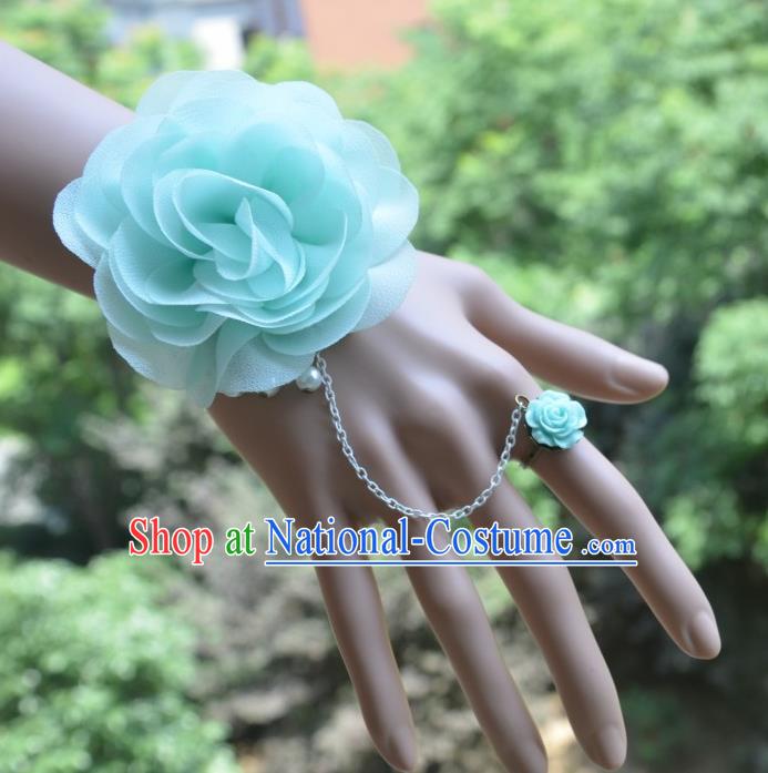 European Western Bride Vintage Blue Wrist Flowers Accessories Renaissance Bracelet with Ring for Women