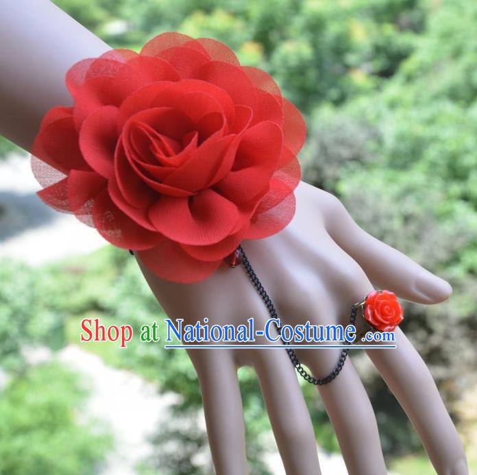 European Western Bride Vintage Red Wrist Flowers Accessories Renaissance Bracelet with Ring for Women