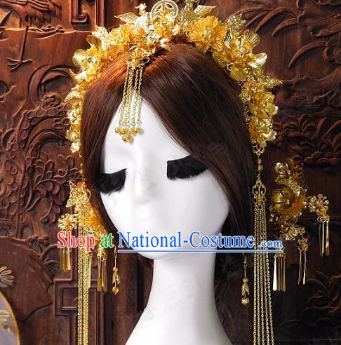 Chinese Handmade Classical Hairpins Ancient Hanfu Xiuhe Tassel Phoenix Coronet Hair Accessories for Women