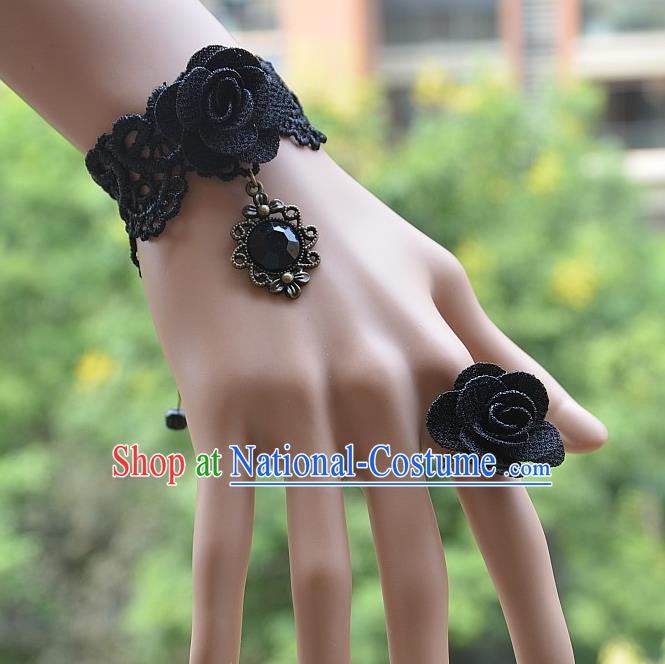 European Western Bride Vintage Jewelry Accessories Renaissance Black Crystal Flower Bracelet and Ring for Women