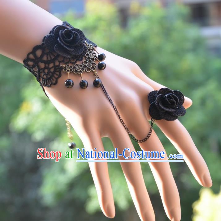 European Western Bride Vintage Jewelry Accessories Renaissance Black Flower Bracelet with Ring for Women