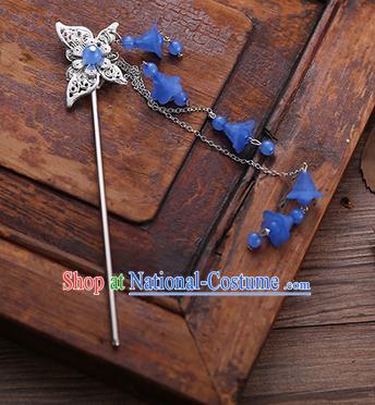 Handmade Chinese Ancient Princess Hair Accessories Butterfly Deep Blue Tassel Hairpins for Women