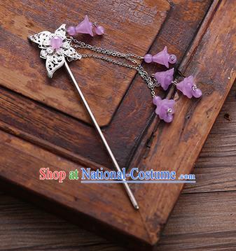 Handmade Chinese Ancient Princess Hair Accessories Butterfly Purple Tassel Hairpins for Women