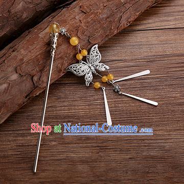 Handmade Chinese Ancient Princess Hair Accessories Orange Beads Butterfly Hairpins for Women