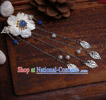 Traditional Handmade Chinese Ancient Classical Hair Accessories Shell Flowers Blue Bead Hairpins for Women