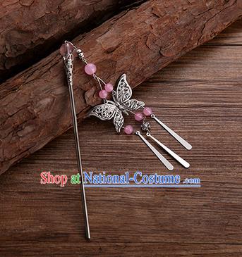 Handmade Chinese Ancient Princess Hair Accessories Pink Beads Butterfly Hairpins for Women