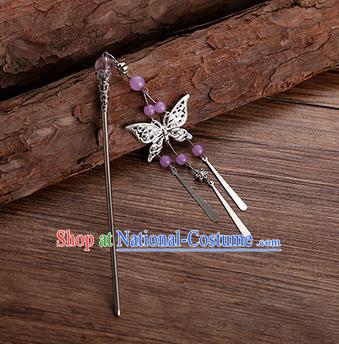 Handmade Chinese Ancient Princess Hair Accessories Purple Beads Butterfly Hairpins for Women