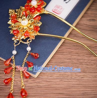 Handmade Chinese Ancient Palace Lady Hair Accessories Hanfu Red Beads Tassel Hairpins for Women